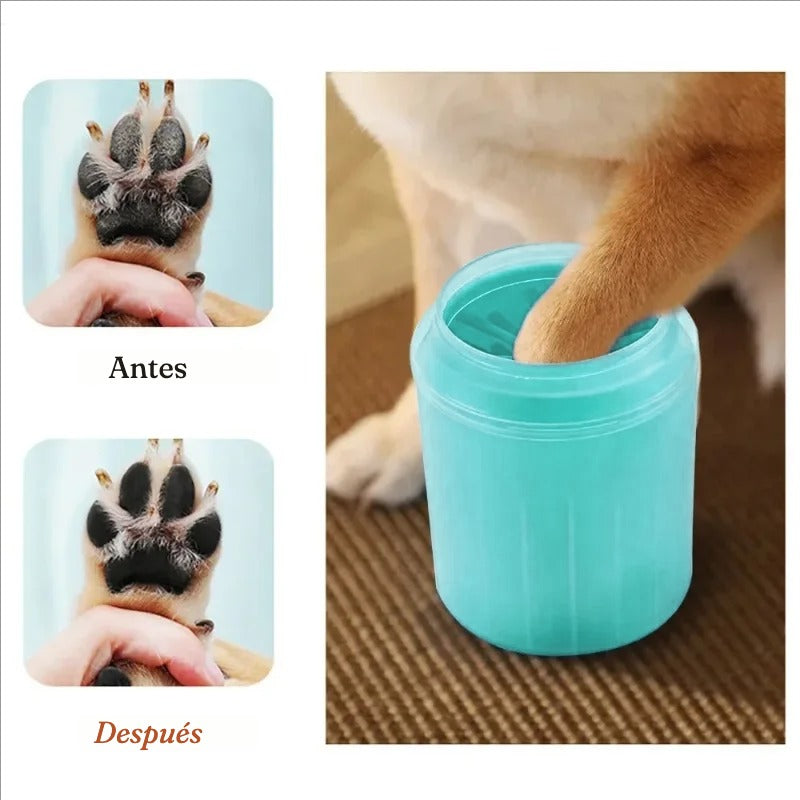 Pata de perro antes y después de usar el limpiador de patas