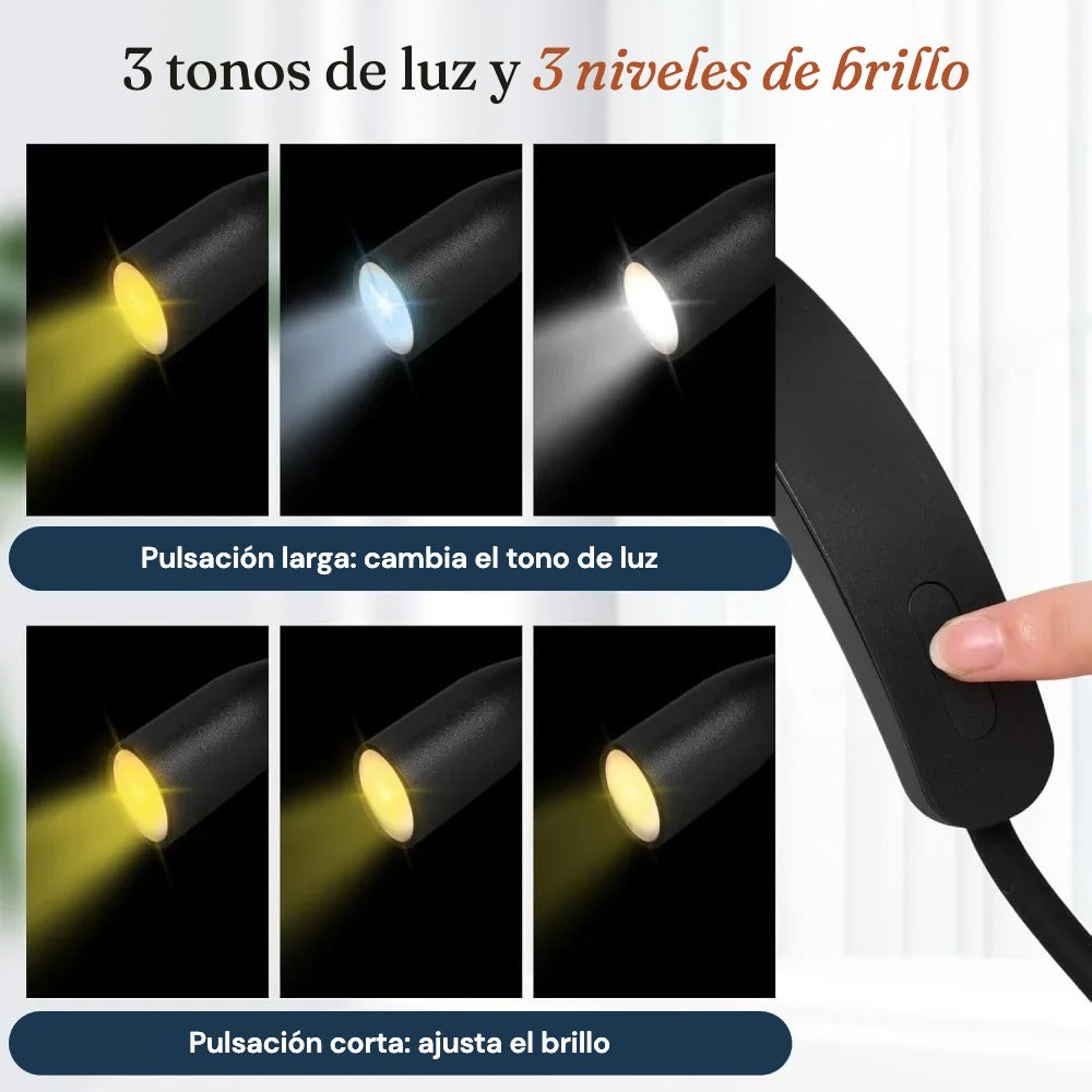 Luz de lectura de cuello con 3 tonos de luz y 3 niveles de brillo